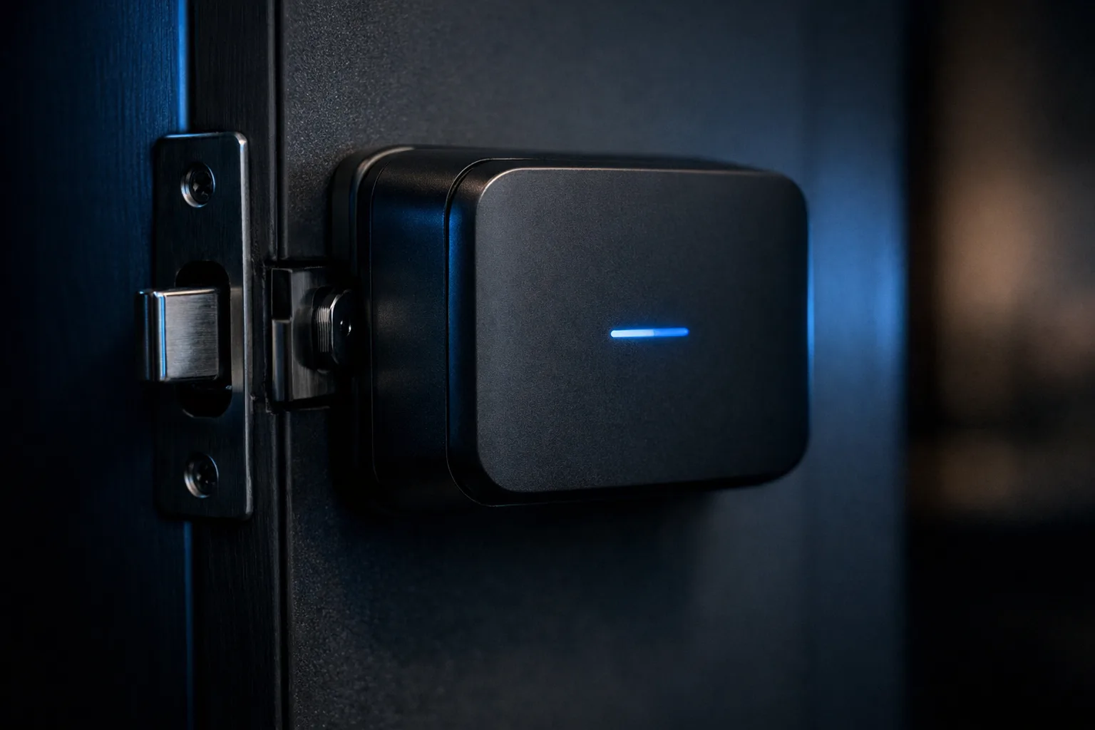 Detalle de una puerta moderna sin cerradura visible con tecnología Bluetooth