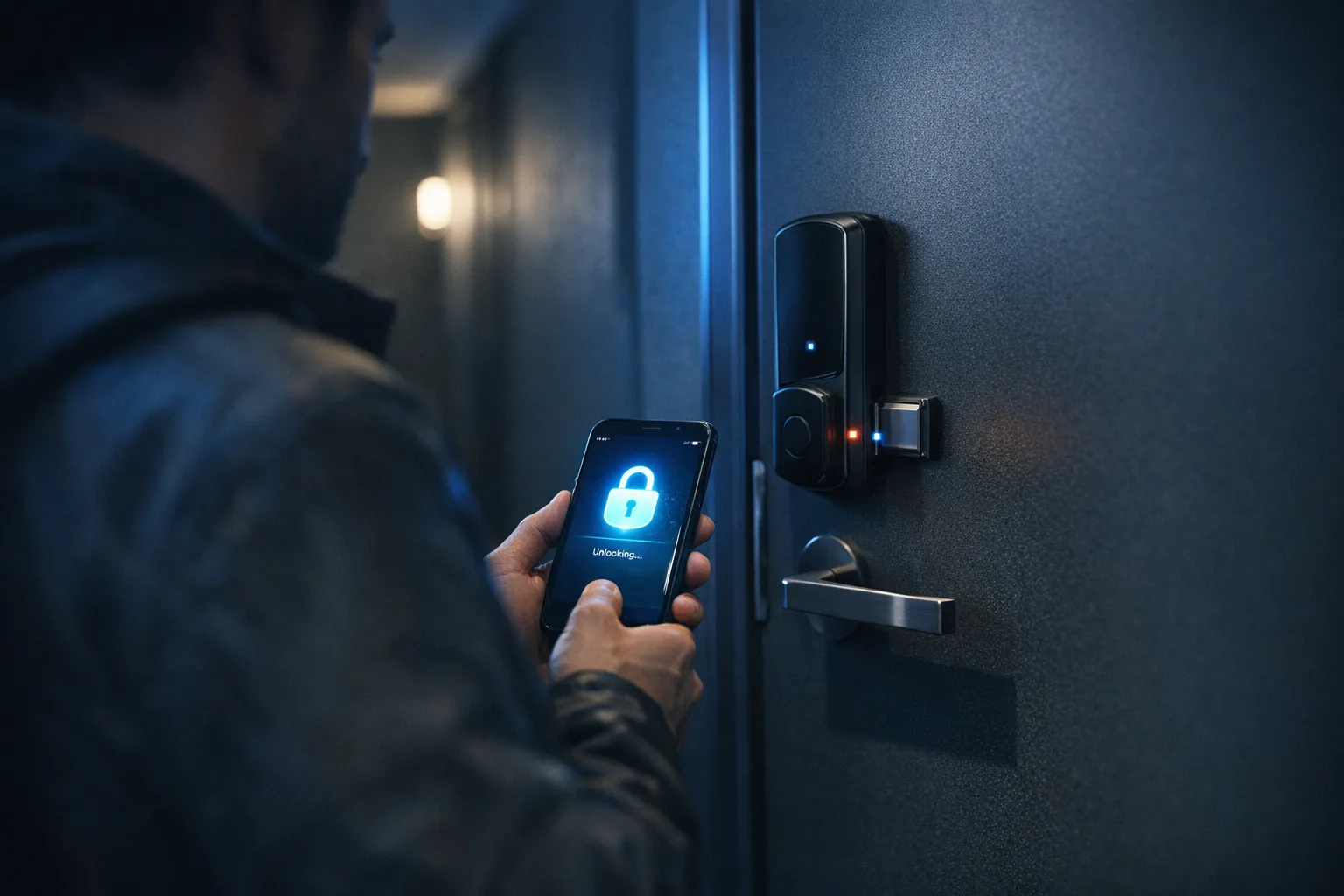 Persona abriendo una cerradura invisible Bluetooth con el smartphone