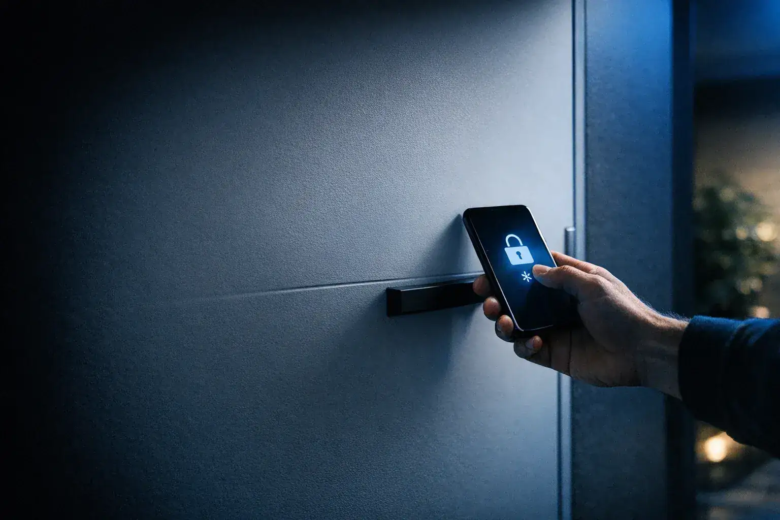 Puerta moderna con cerradura invisible Bluetooth abierta desde el móvil en Madrid